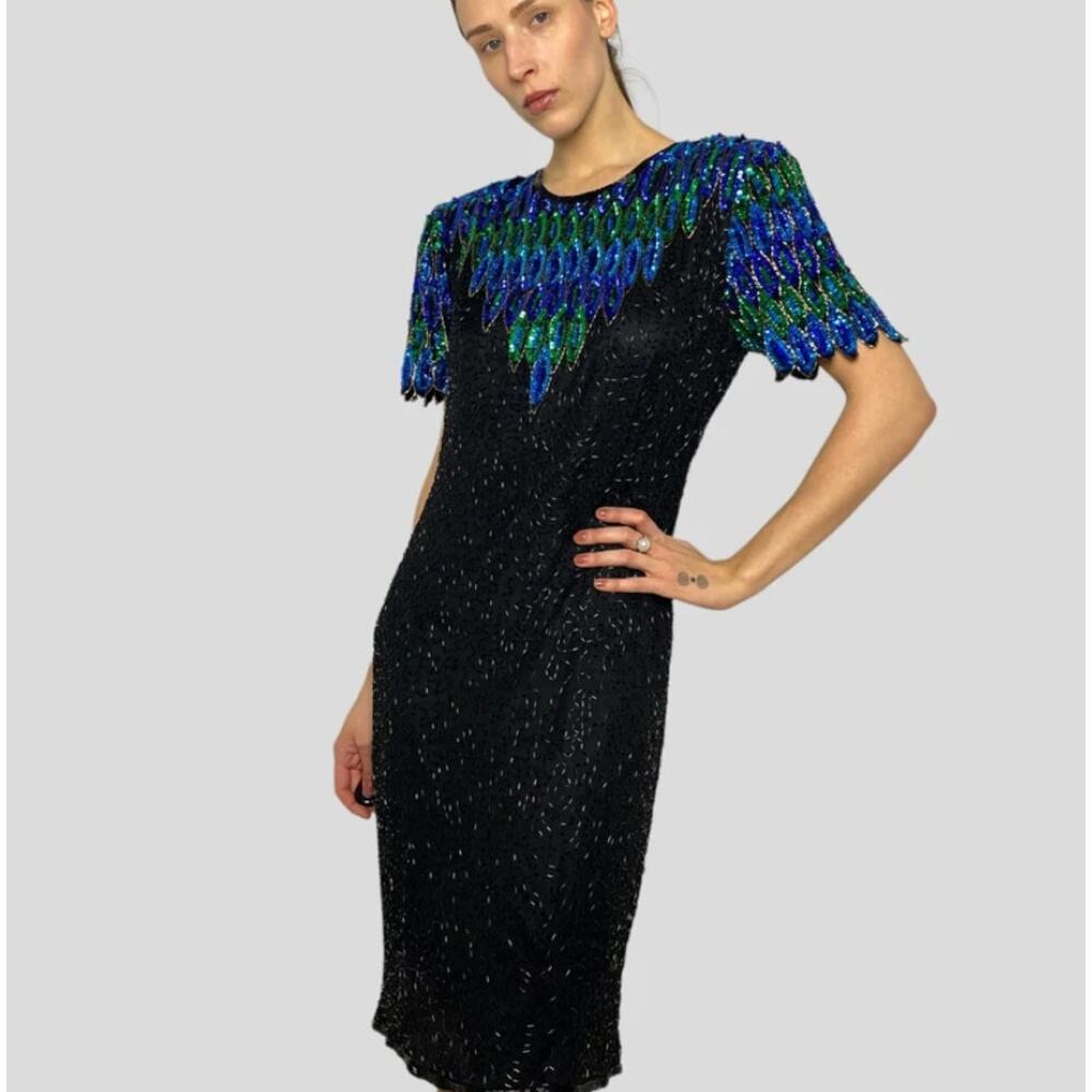Vintage‎ 80s Silk Heavily Beaded Cocktail Dress Waterfall Design by Stenay SMALL